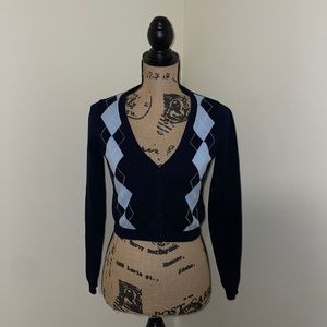 Women’s XS/S, Brandy Melville, Navy Blue Cropped Argyle Sweater